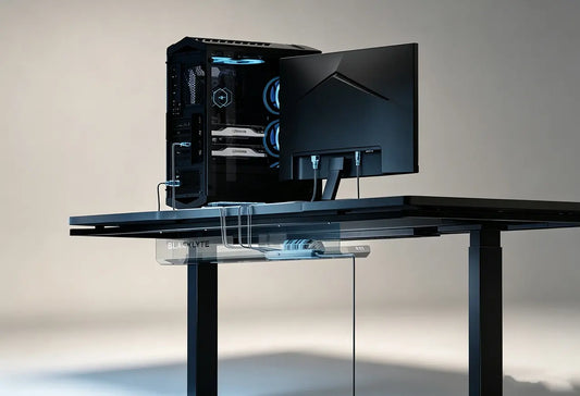 Blacklyte standing desk with under-desk cable trays