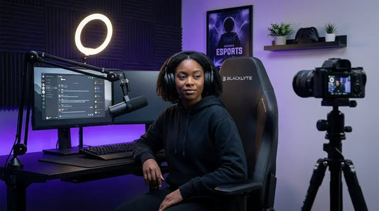 Streamer seated in an ergonomic gaming chair at a content-creation setup — lumbar support for long streaming sessions