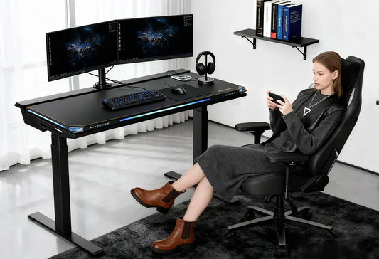 Gamer adjusting the recline lever on a gaming chair — tilt, height, and recline adjustability for ergonomic posture
