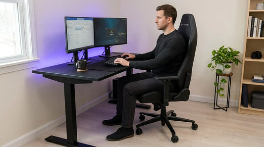 Hybrid worker seated in an ergonomic gaming chair at a dual-monitor battlestation — lumbar support for all-day sitting