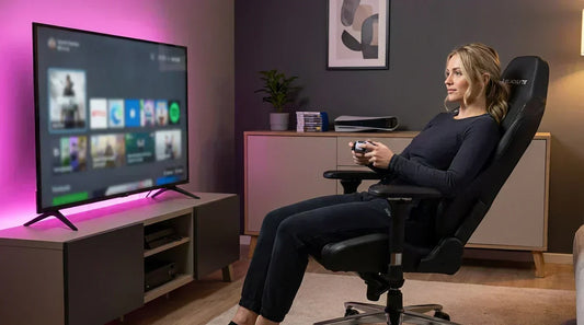 Gamer reclined in a comfortable gaming chair with controller at a console setup — ergonomic support for relaxed play