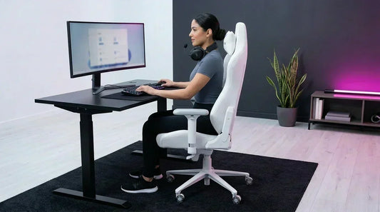 Woman seated in an ergonomic gaming chair sized for smaller frames — lumbar support for long gaming sessions