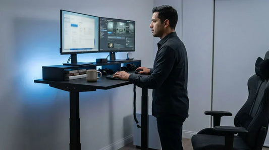 Man standing at an electric standing desk with dual monitors for work and gaming — dual-purpose clean setup