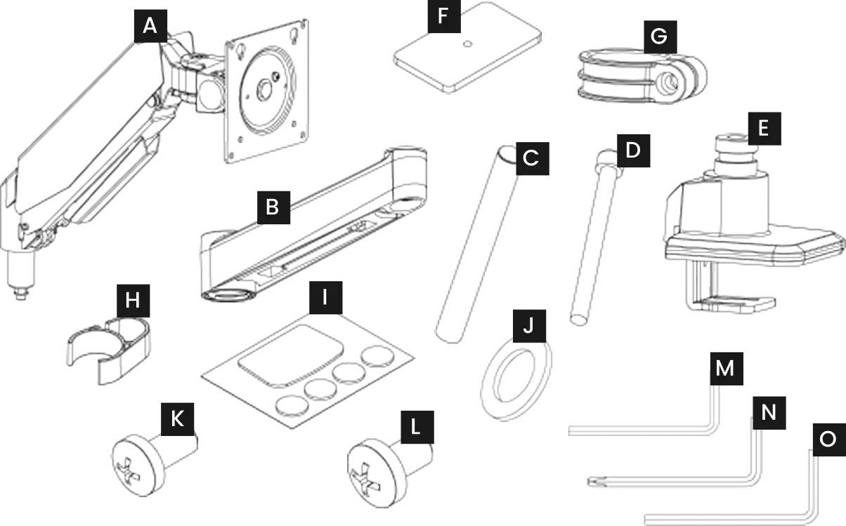Atlas dual monitor arm assembly parts and tools