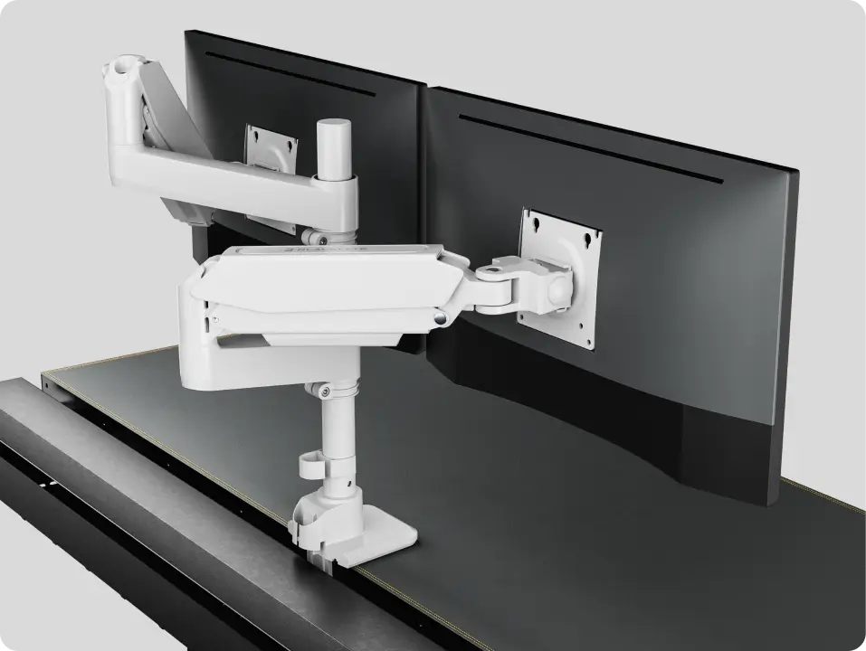 White dual monitor arm for desk