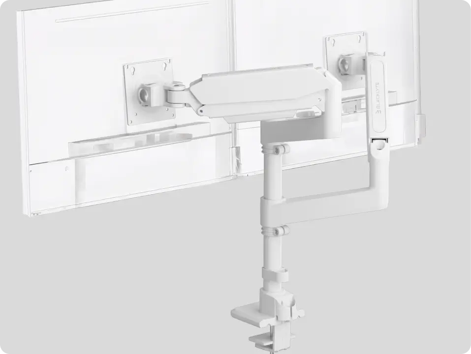 White dual monitor desk arm