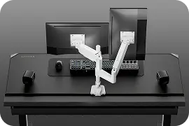 White dual monitor arms for standing desk