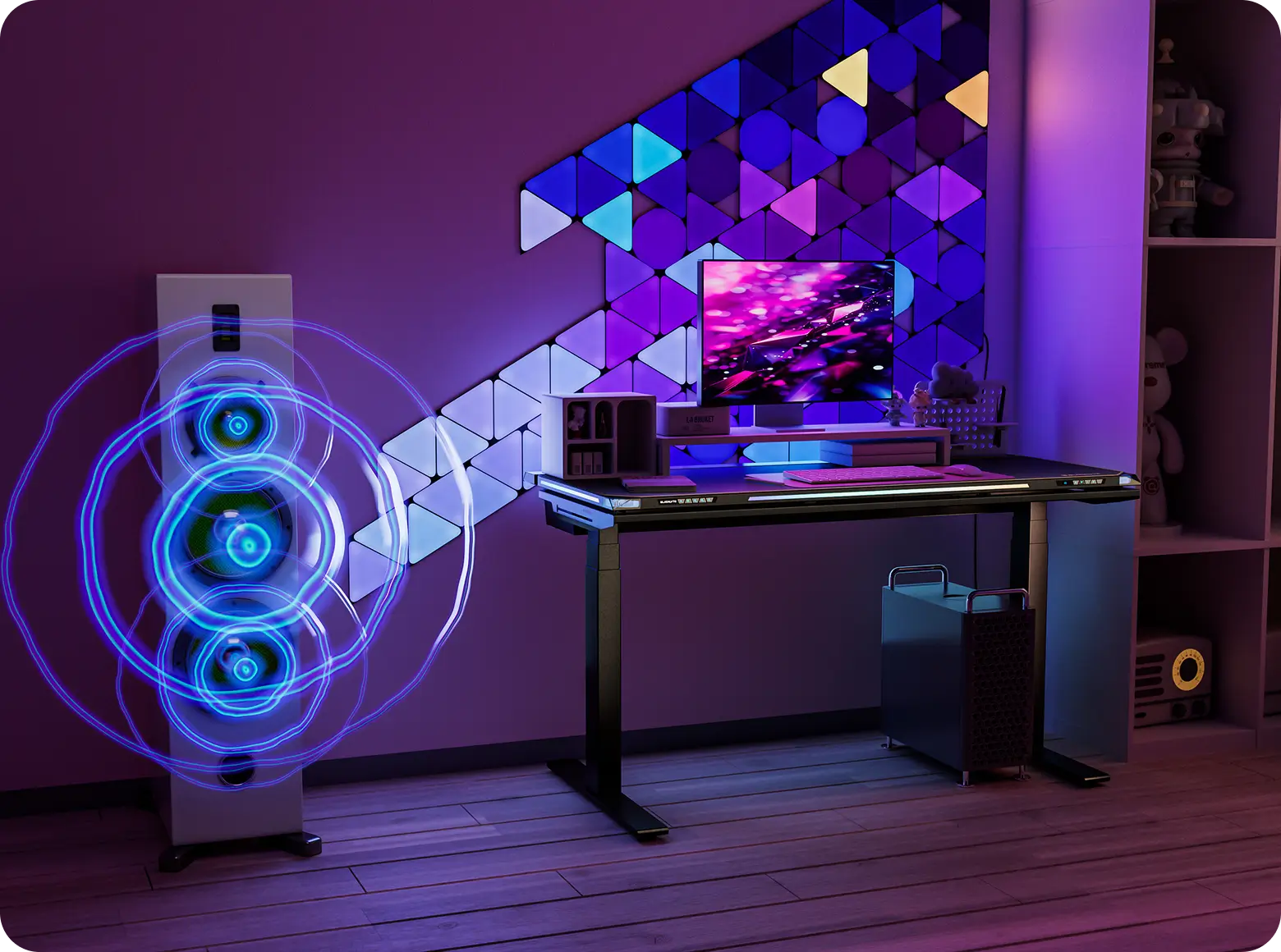 Atlas gaming desk with rhythm sync lighting reacting to music beats in real time