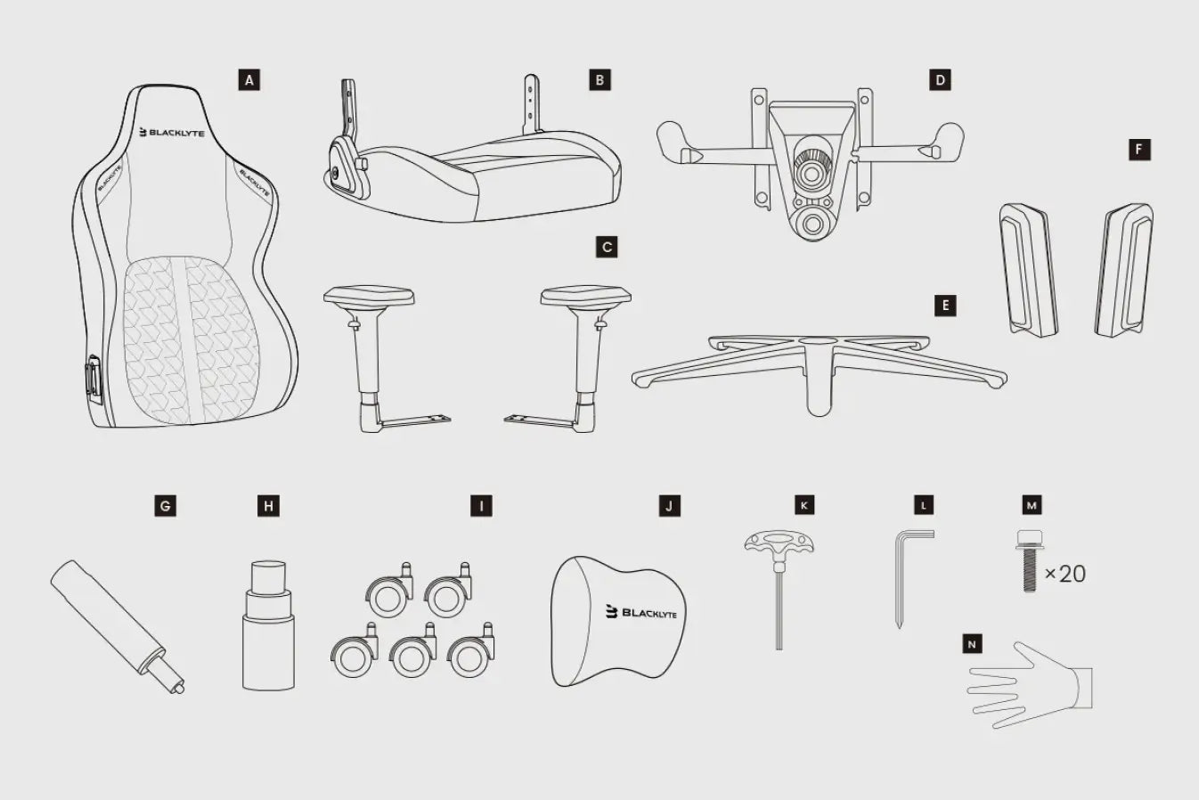 Blacklyte Kraken Pro gaming chair assembly parts and tools 
