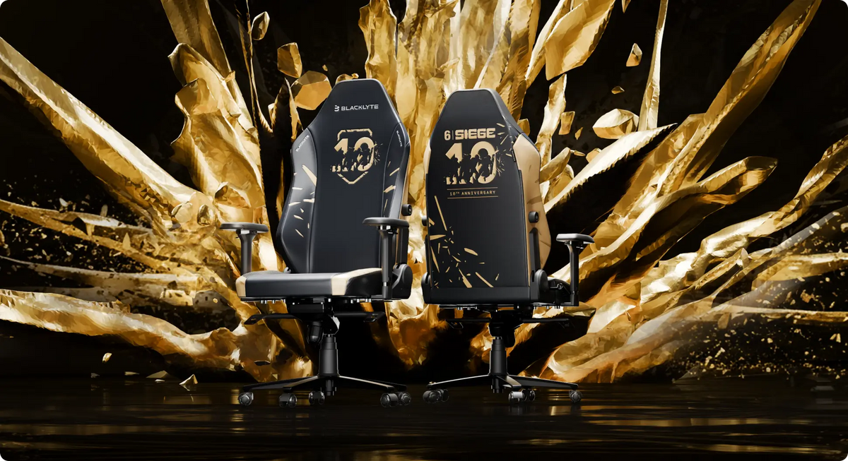 R6 10th Anniversary Edition gaming chair in black and gold colors