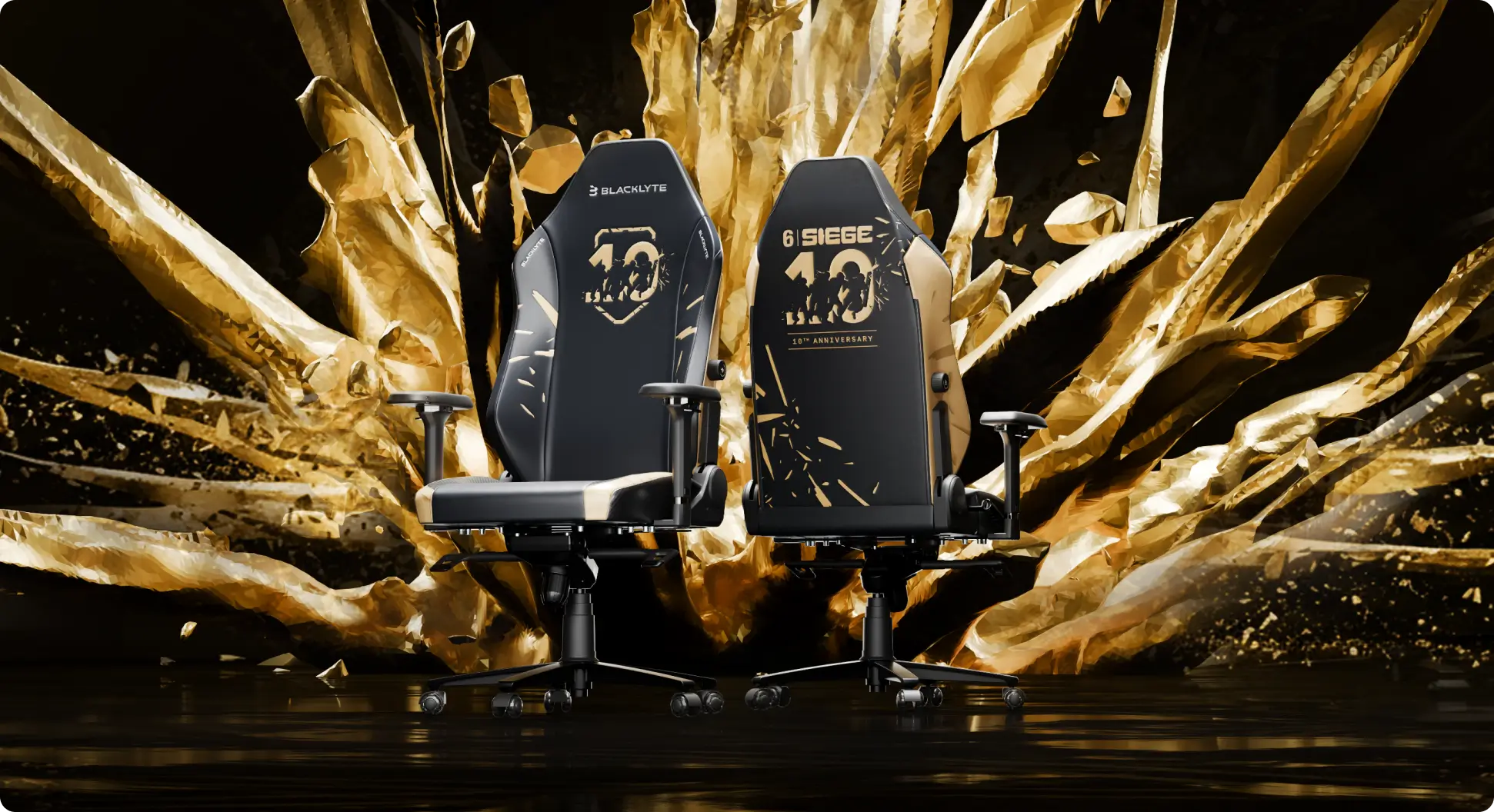 R6 10th Anniversary Edition gaming chair in black and gold colors