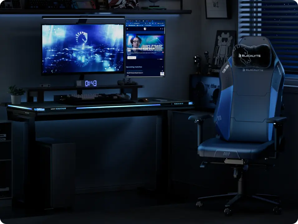 Liquid gaming chair set up at a gaming desk